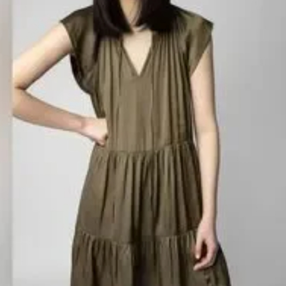 Zadug & Voltaire Rito Tiered Satin Olive Green Flutter Sleeve Dress - Picture 6 of 15